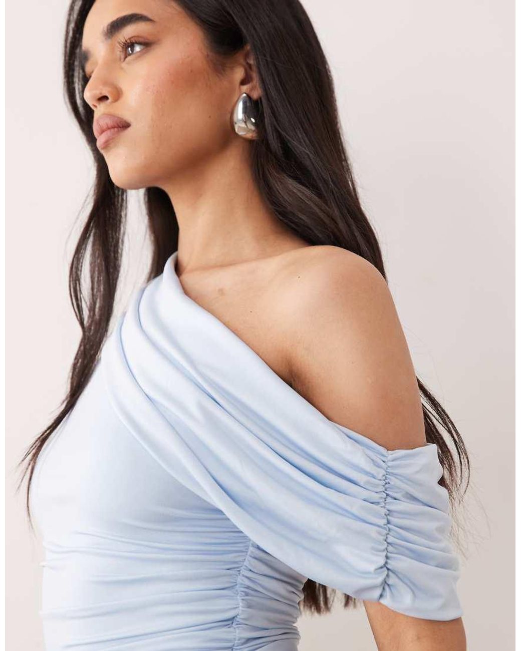 Aria Cove Blue Slinky Drape Asymmetric Shoulder Mini Dress