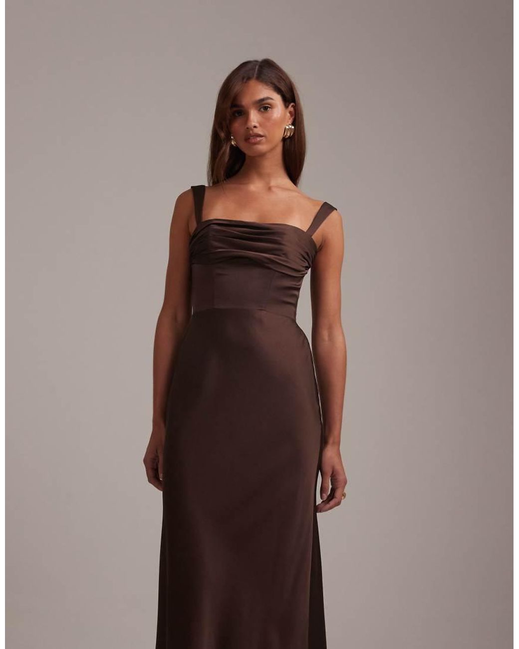 ASOS Brown Bridesmaids Satin Draped Bust Maxi Dress With Column Skirt