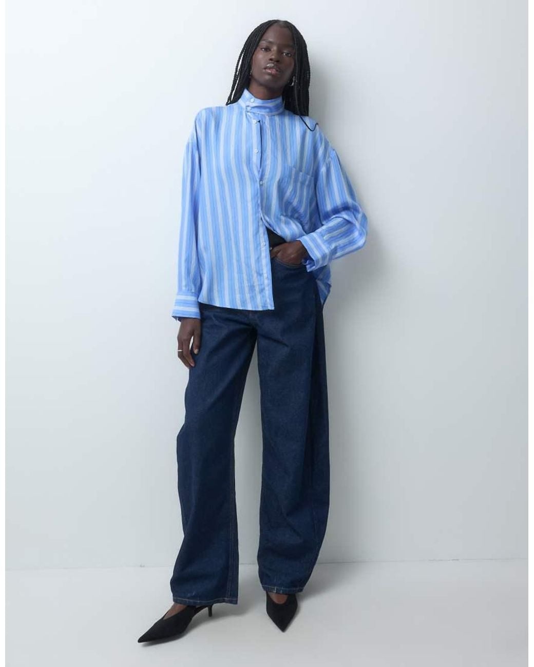 Mango Blue High Neck Long Sleeve Blouse