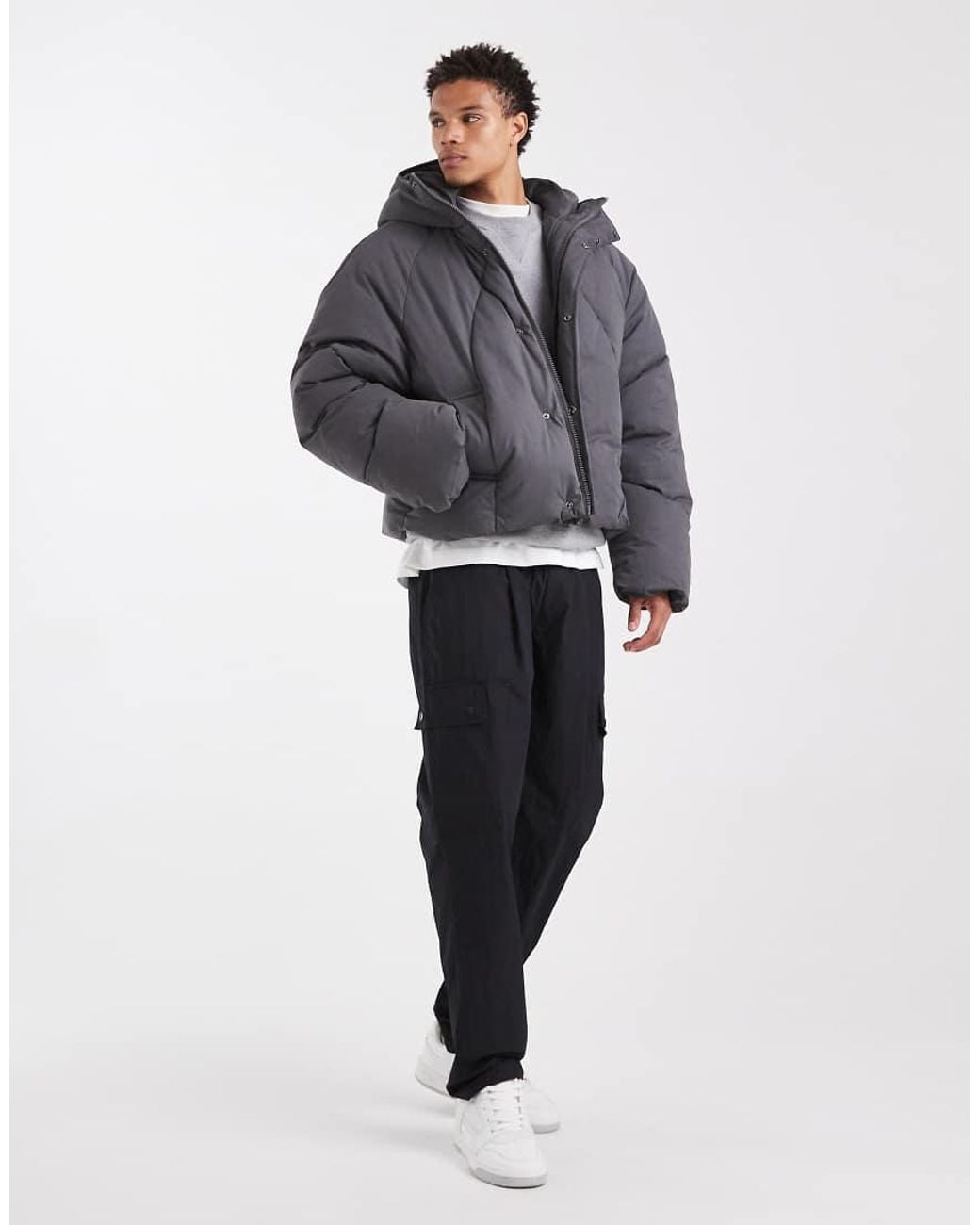 ASOS Gray Oversized Hooded Puffer Jacket for men