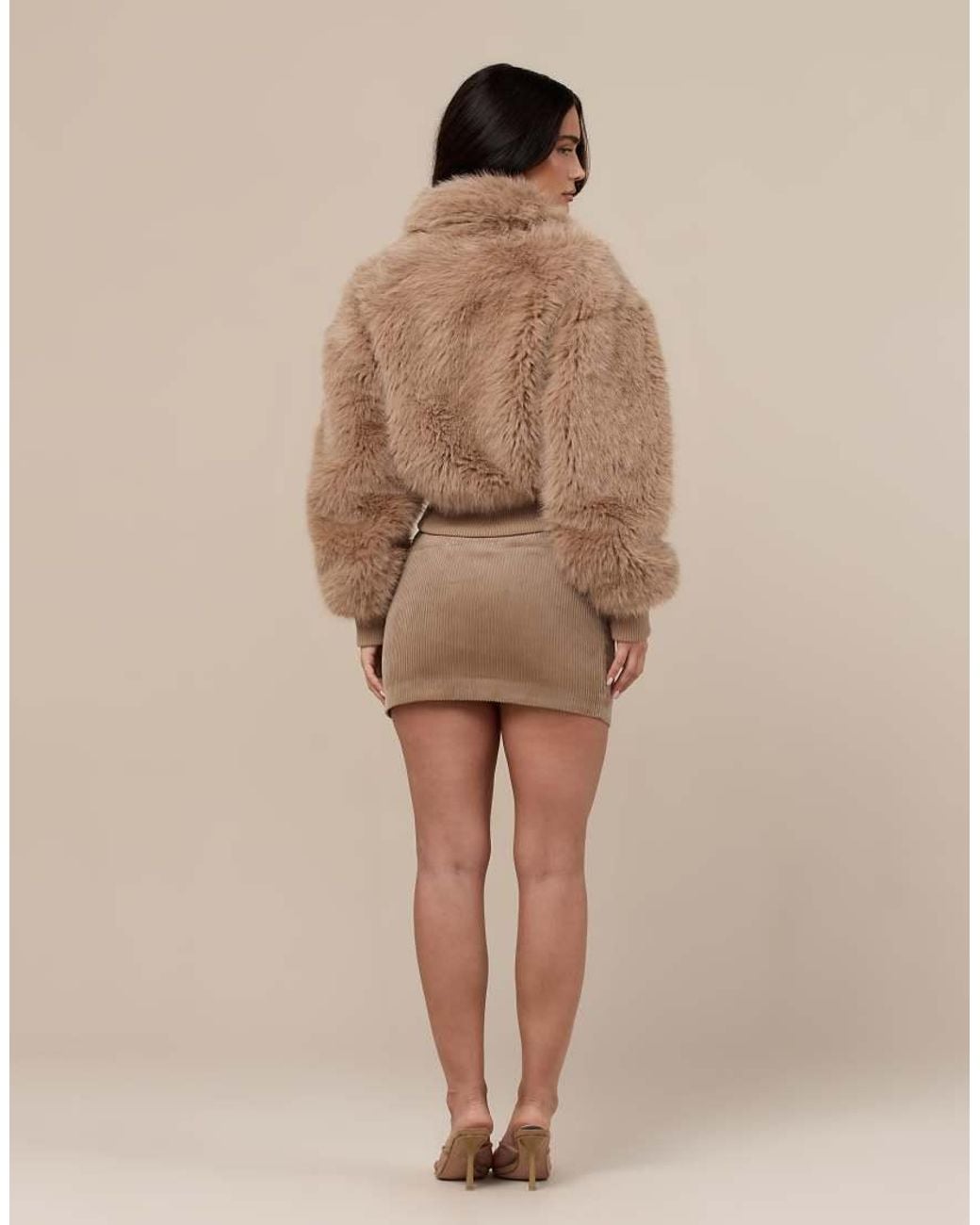 Wanderdoll Brown Tatiana Faux Fur Oversized Collar Zip Through Fitted Waist Jacket