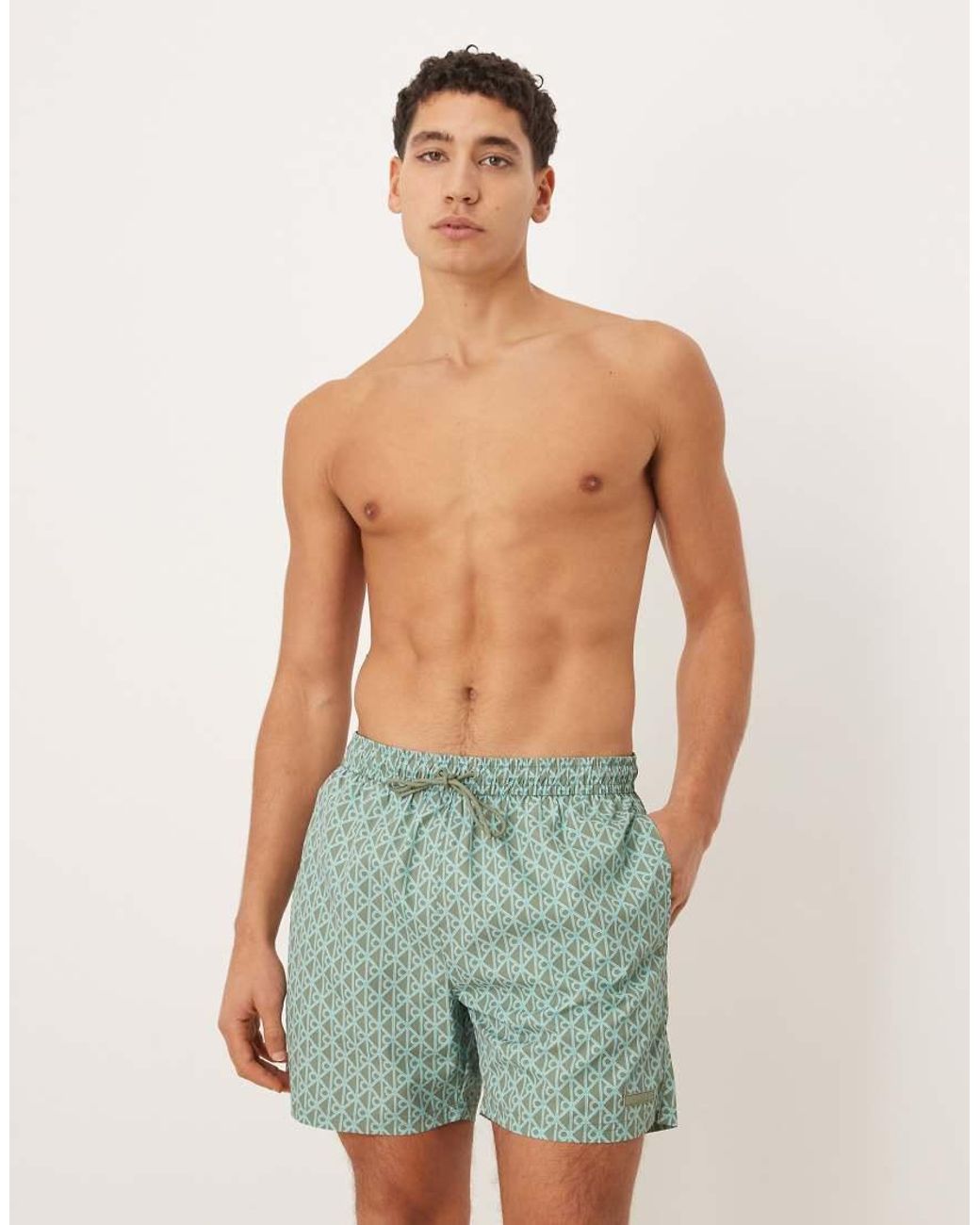 Calvin Klein Blue Monogram Print Drawstring Swim Shorts for men