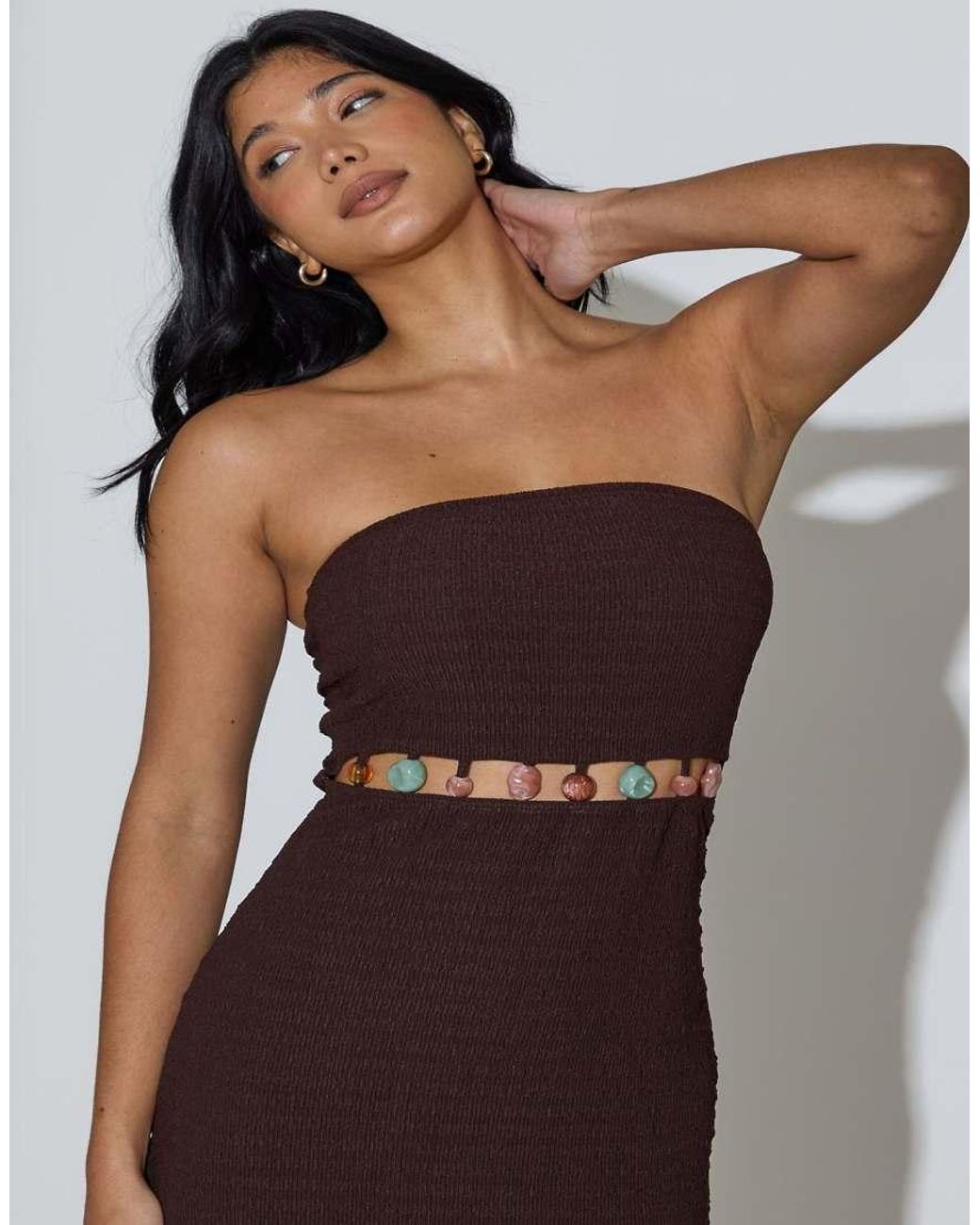 South Beach Brown Crinkle Bead Detail Waist Bandeau Maxi Dress
