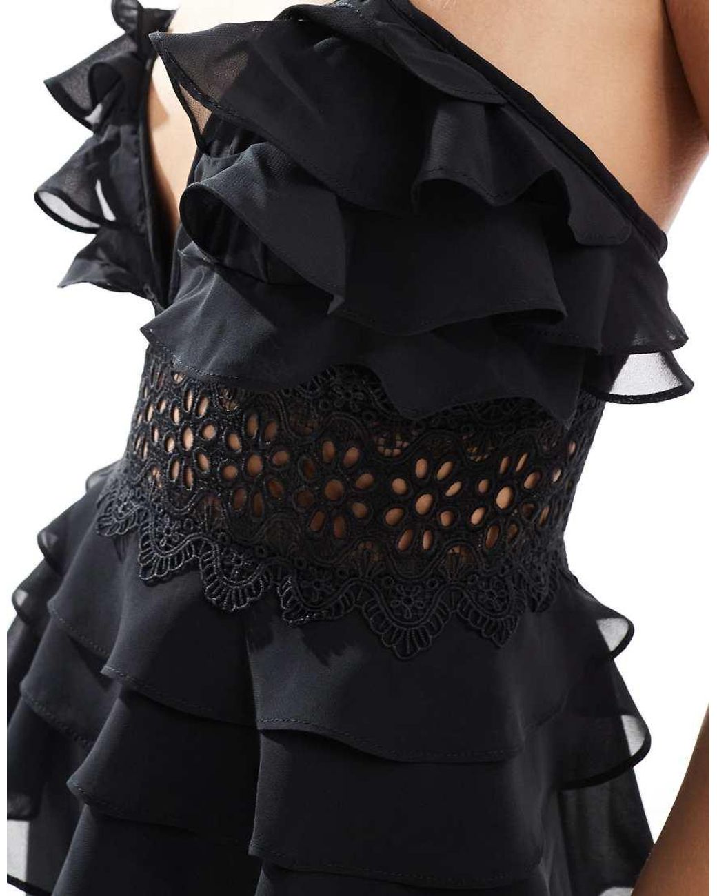 True Decadence Black Plunge Front Tiered Ruffle Maxi-Dress