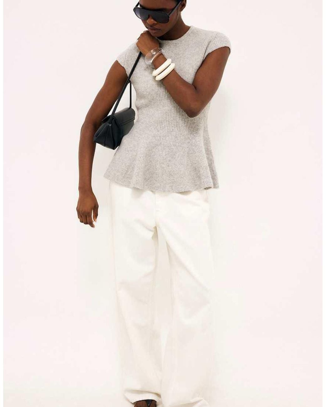 NA-KD Gray Wool Blend Rib Knitted Peplum Top