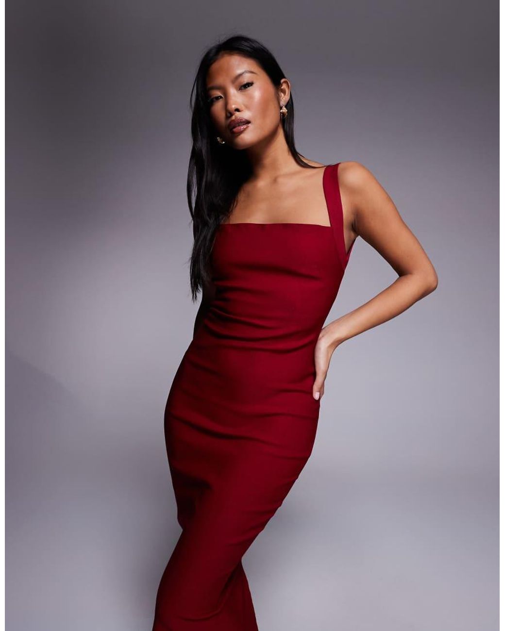 Vesper Petite Red Bengaline Square Neck Scoop Back Midaxi Dress