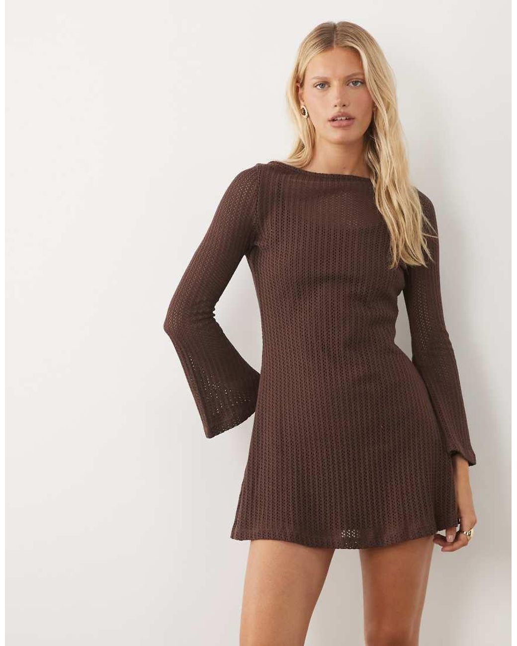ASOS Brown Crochet Jersey Long Angel Sleeve Mini Dress