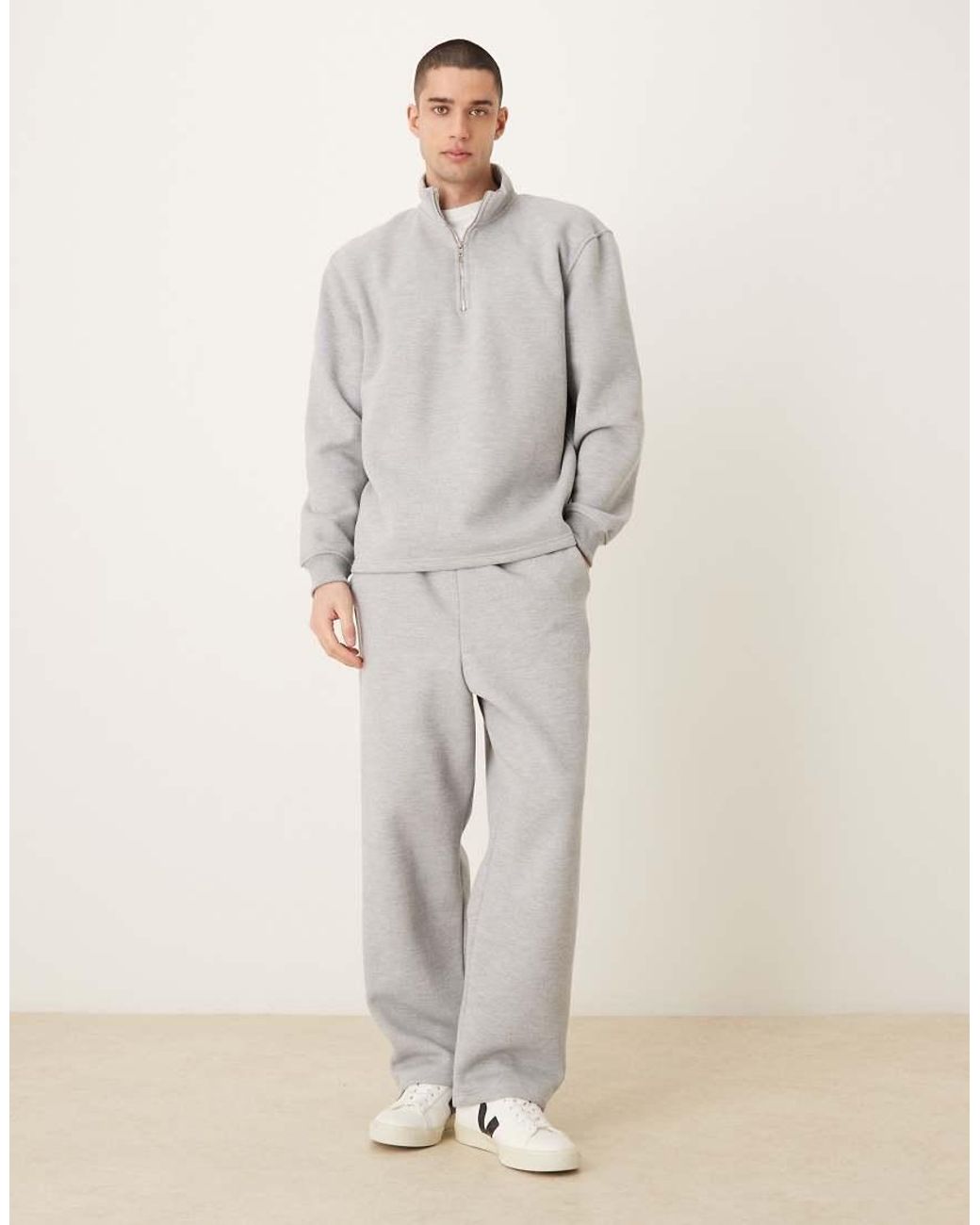 ASOS Gray Relaxed Fit Quarter Zip Brushback Pique Sweatshirt for men