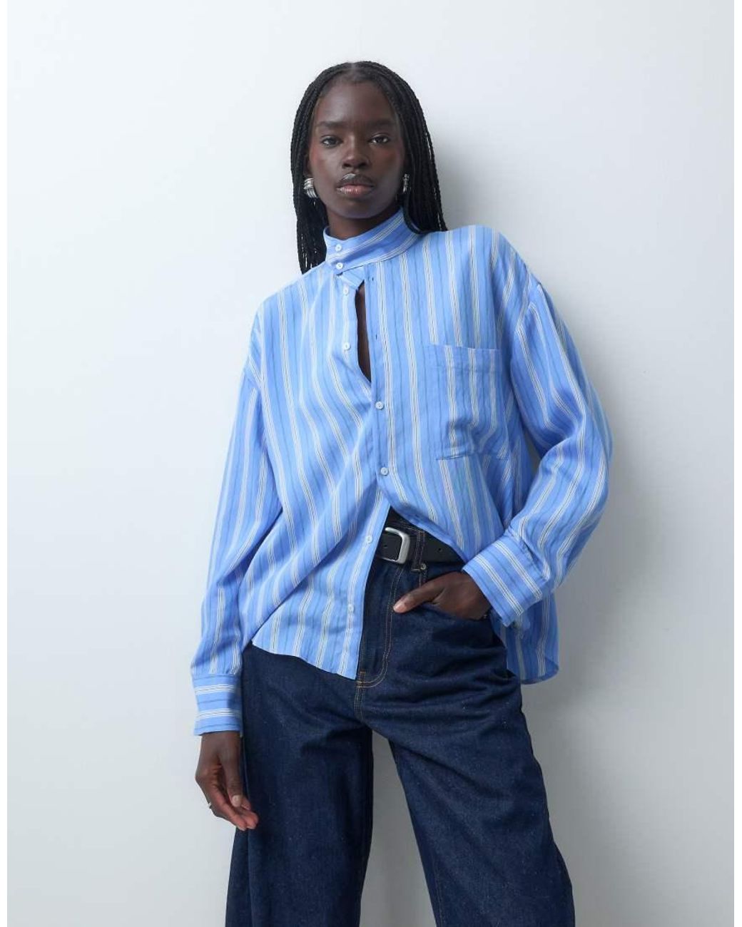 Mango Blue High Neck Long Sleeve Blouse
