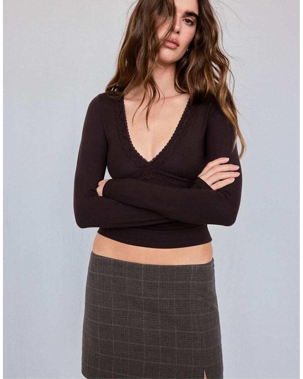 Stradivarius Black Long Sleeve V-neck Lace Top