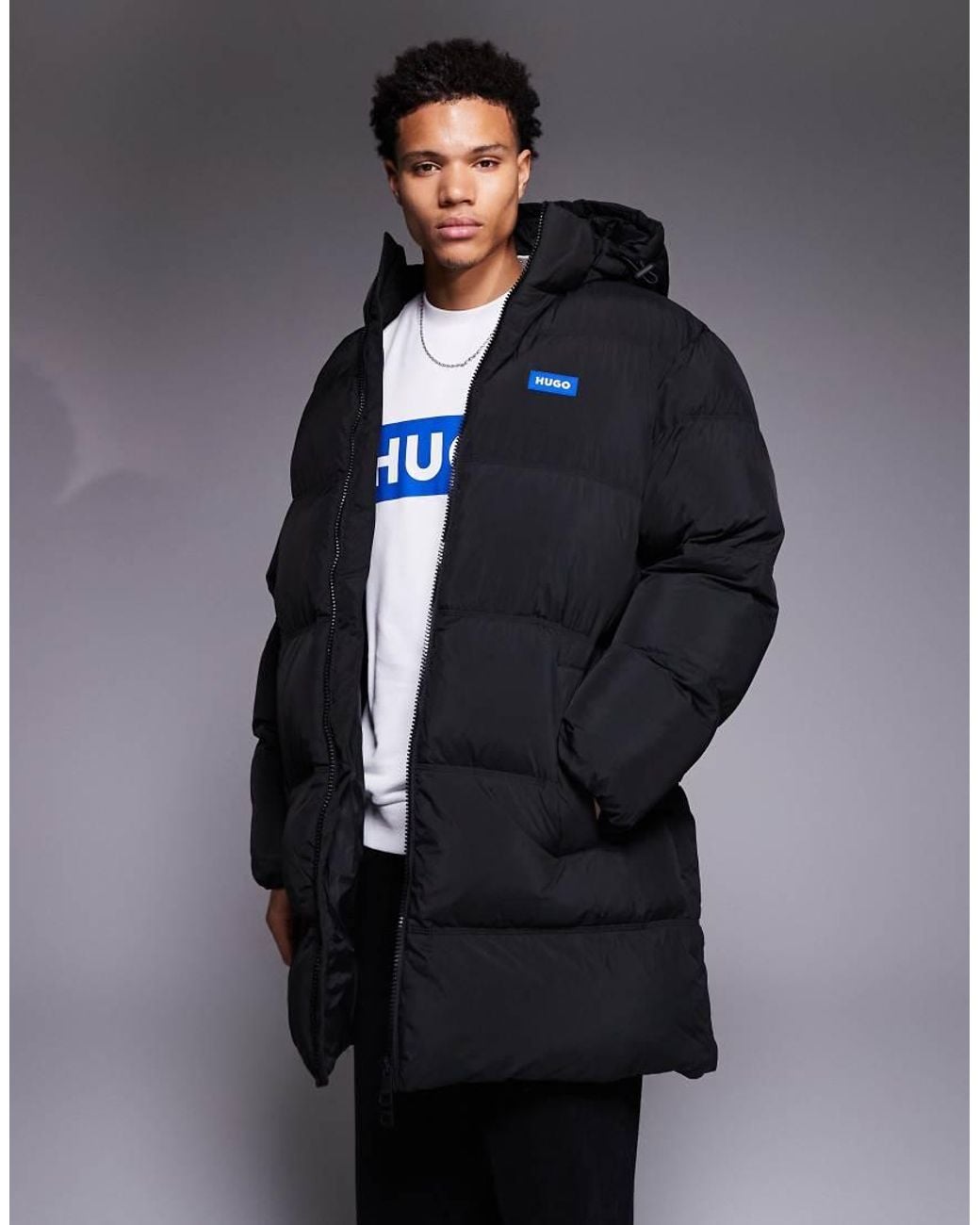 HUGO Gray Bodi Relaxed Fit Longline Chunky Puffer for men