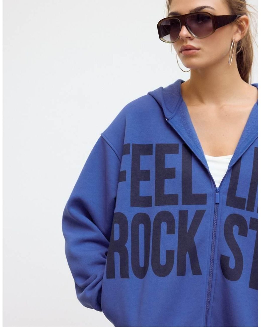 Stradivarius Blue Printed Oversize Hood Sweatshirt