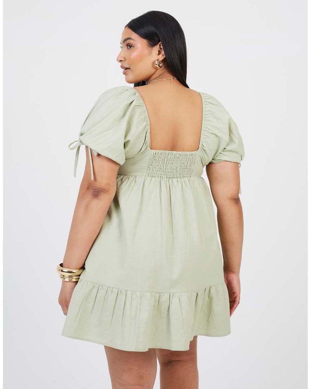 Brave Soul Green Curve Cotton Puff Sleeve Mini Dress