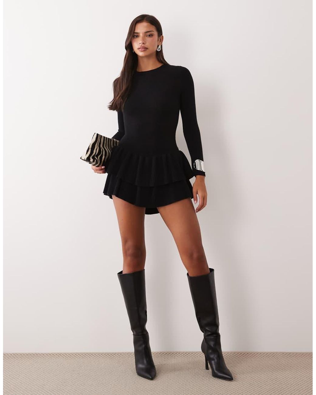 Aria Cove Black Knitted Long Sleeve Ruffle Skirt Mini Dress