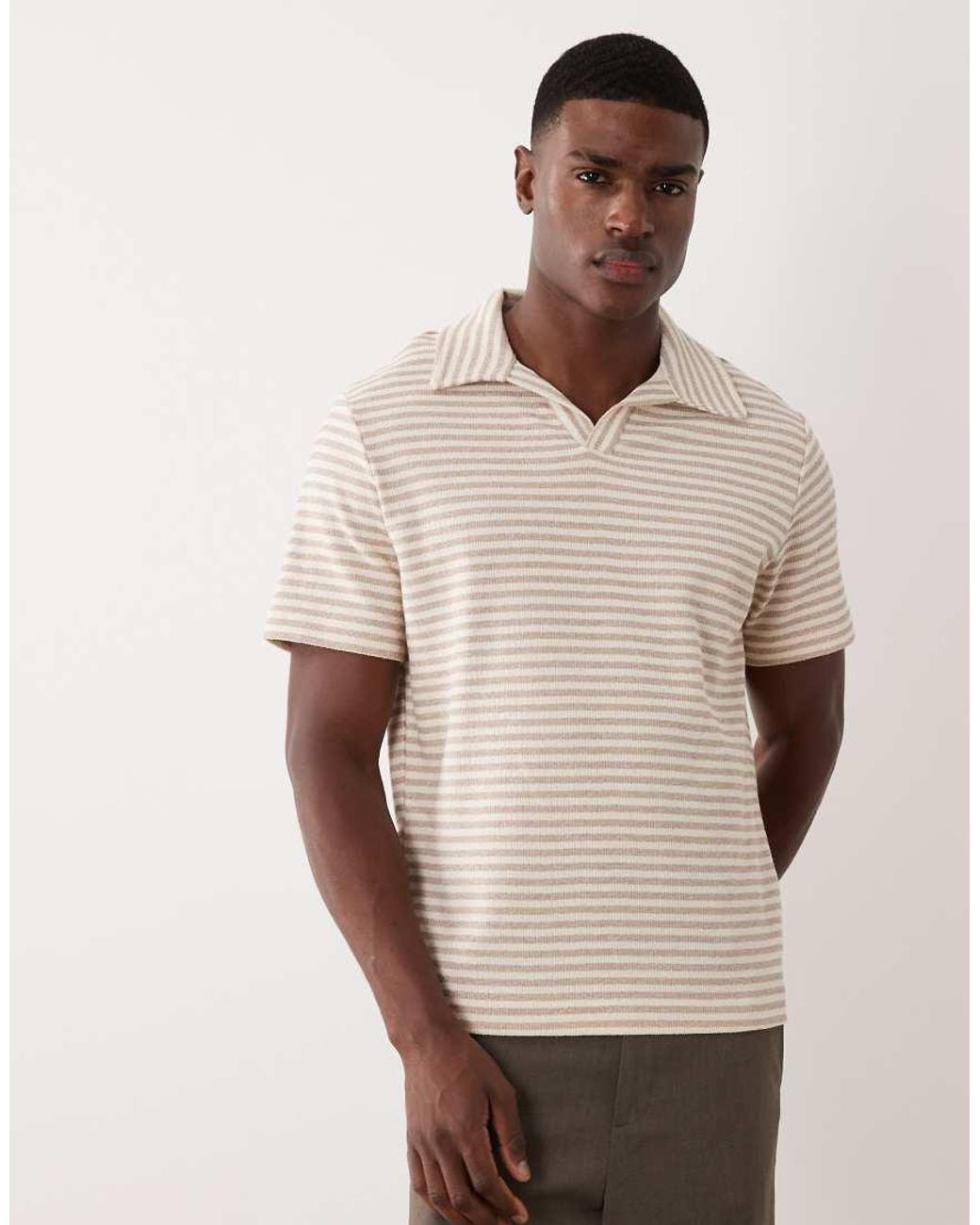 Mango Natural Cotton Rich Camp Collar Striped T-shirt for men
