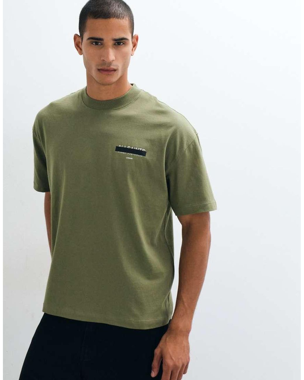 AllSaints Green Redact Oversized Embroidered Logo T-Shirt for men