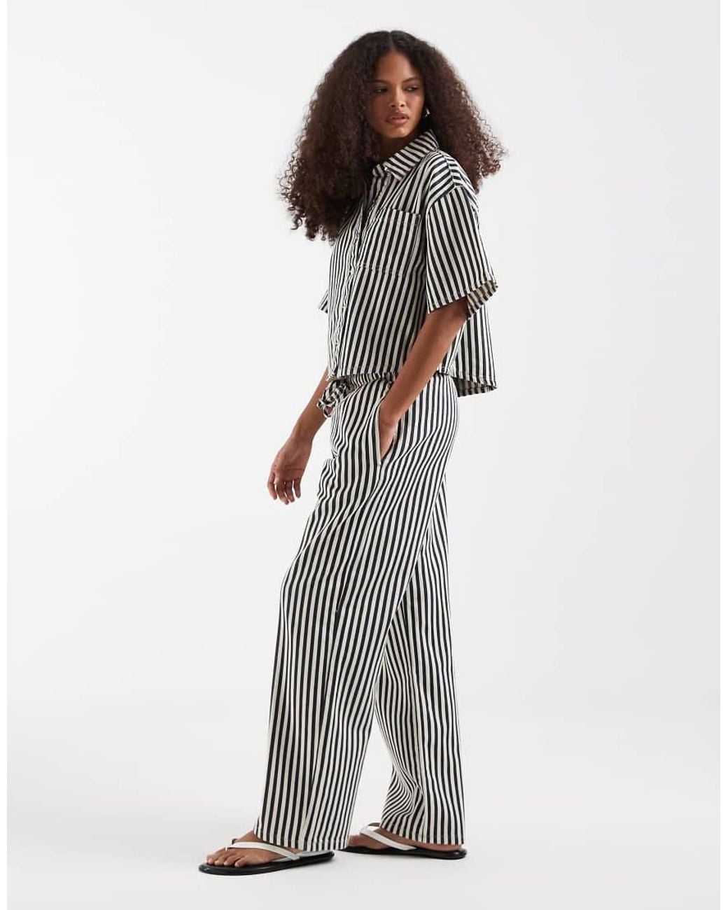 River Island Gray Tie Waist Wide Leg Striped Jeans