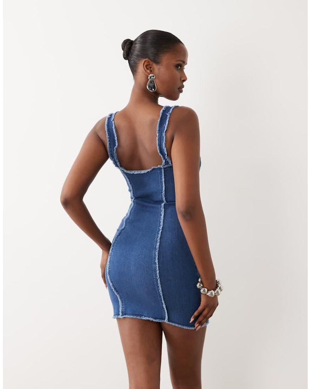 The Frolic Blue Exclusive Denim Raw Edge Seam Detail Mini Dress