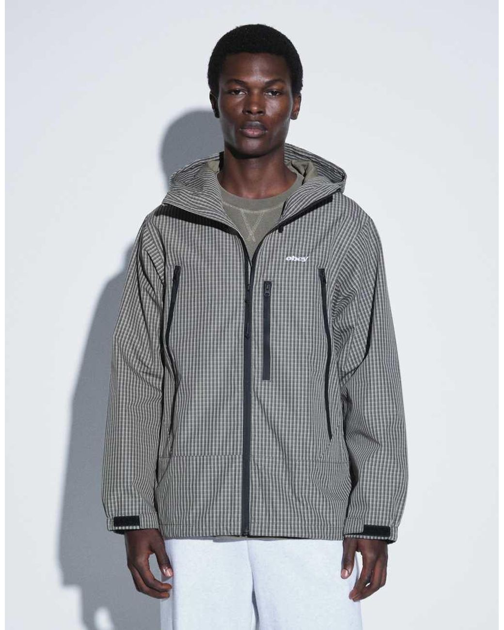 Obey Gray Checked Zip Through Hooded Jacket for men