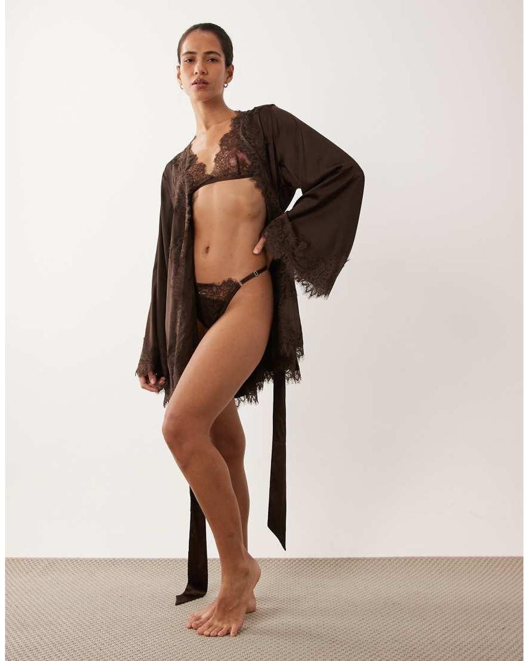 KAT THE LABEL Brown Olivia Satin Lace Robe