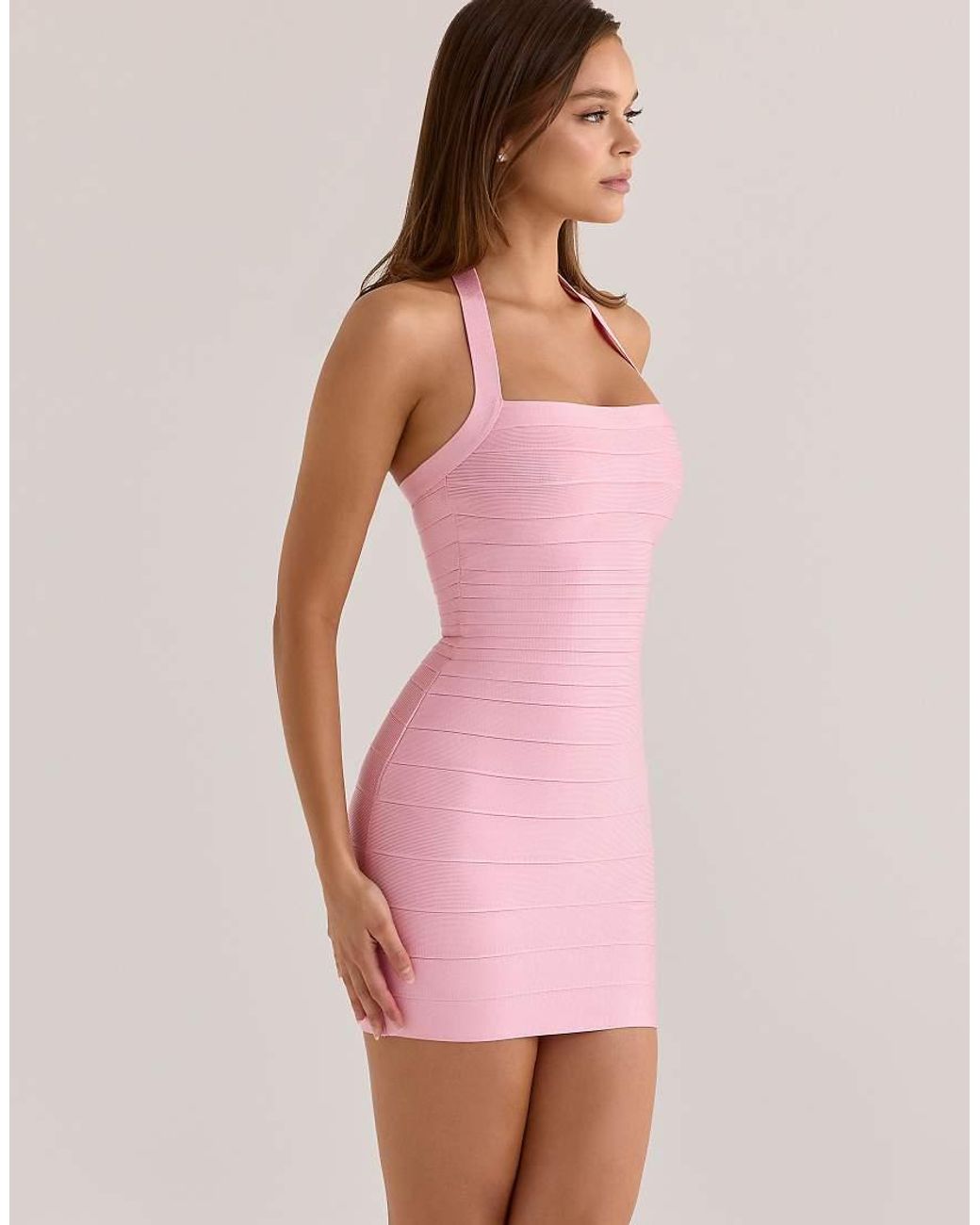 House Of Cb Pink The Silhouette Lychee Halter Neck Bandage Mini Dress