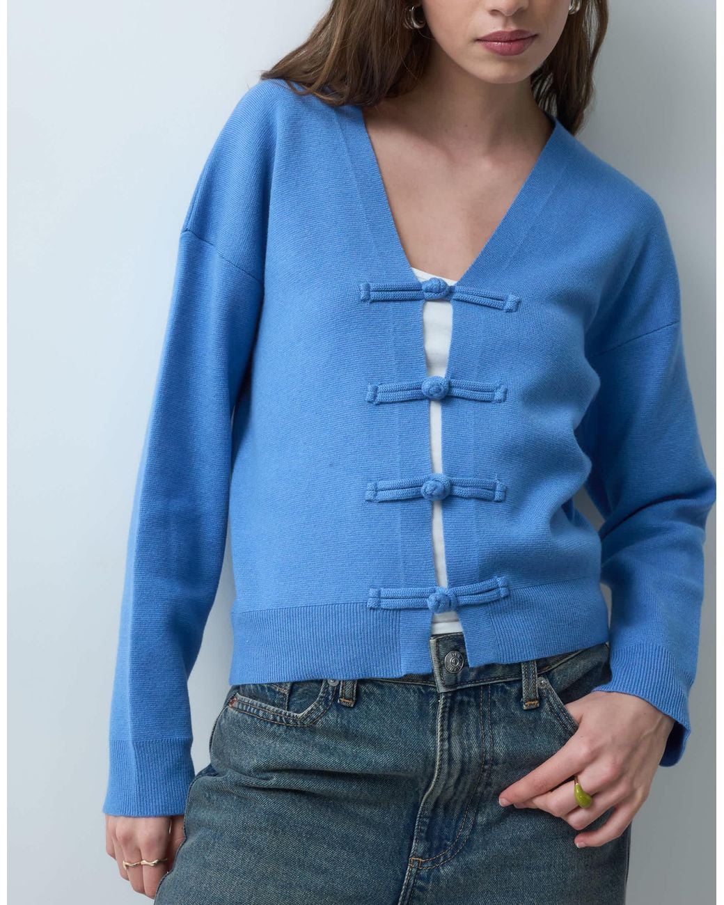 ASOS Mandarin Detail Crop Cardigan in Blue | Lyst