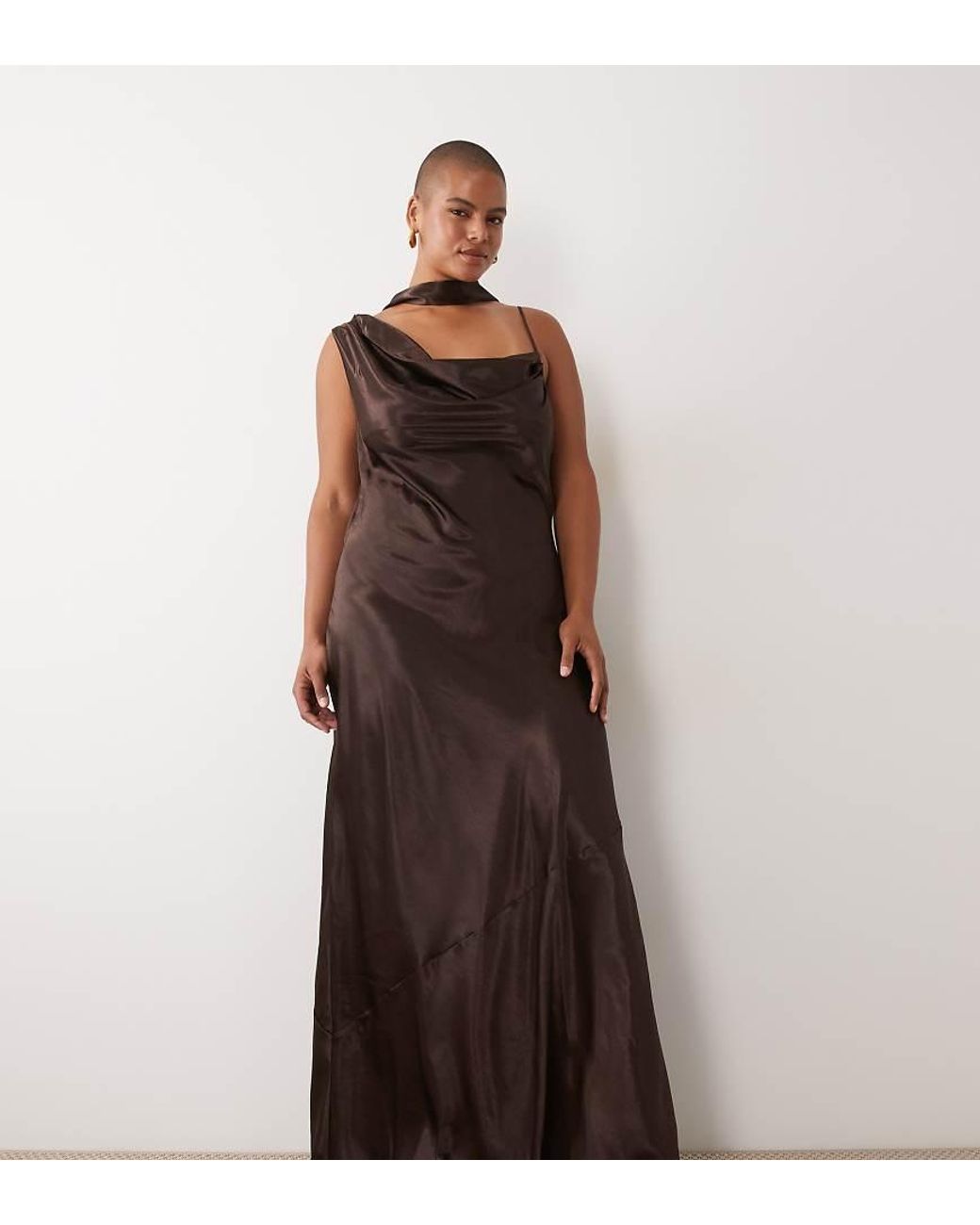 Tfnc Plus Brown One Shoulder Satin Cowl Detail Maxi Dress