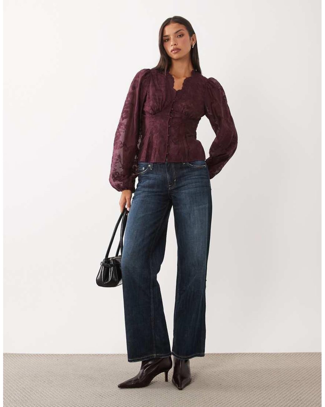 Gina Tricot Purple V Neck Embroide Blouse
