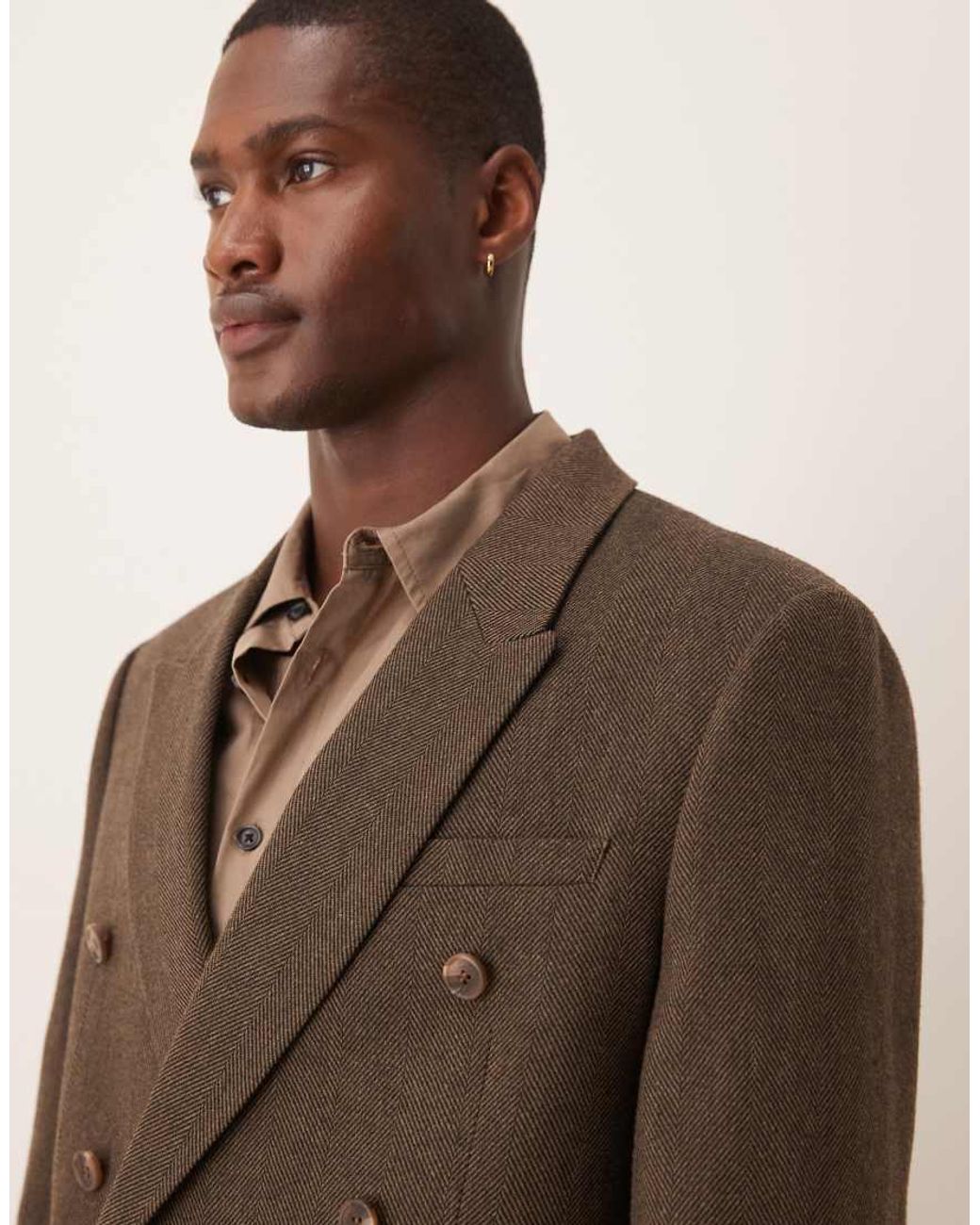 ASOS Brown Regular Herringbone Double Breasted Suit Jacket for men