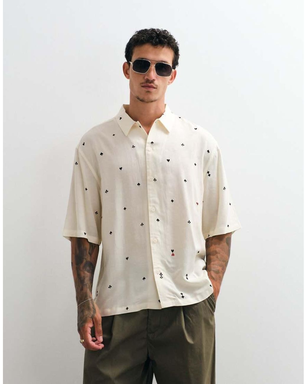 AllSaints Natural Cardsuit Short Sleeve Printed Shirt for men
