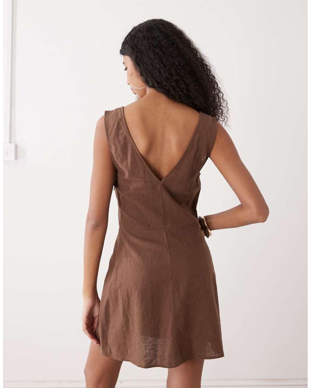 Monki Brown Linen Blend Tie Front Mini Dress