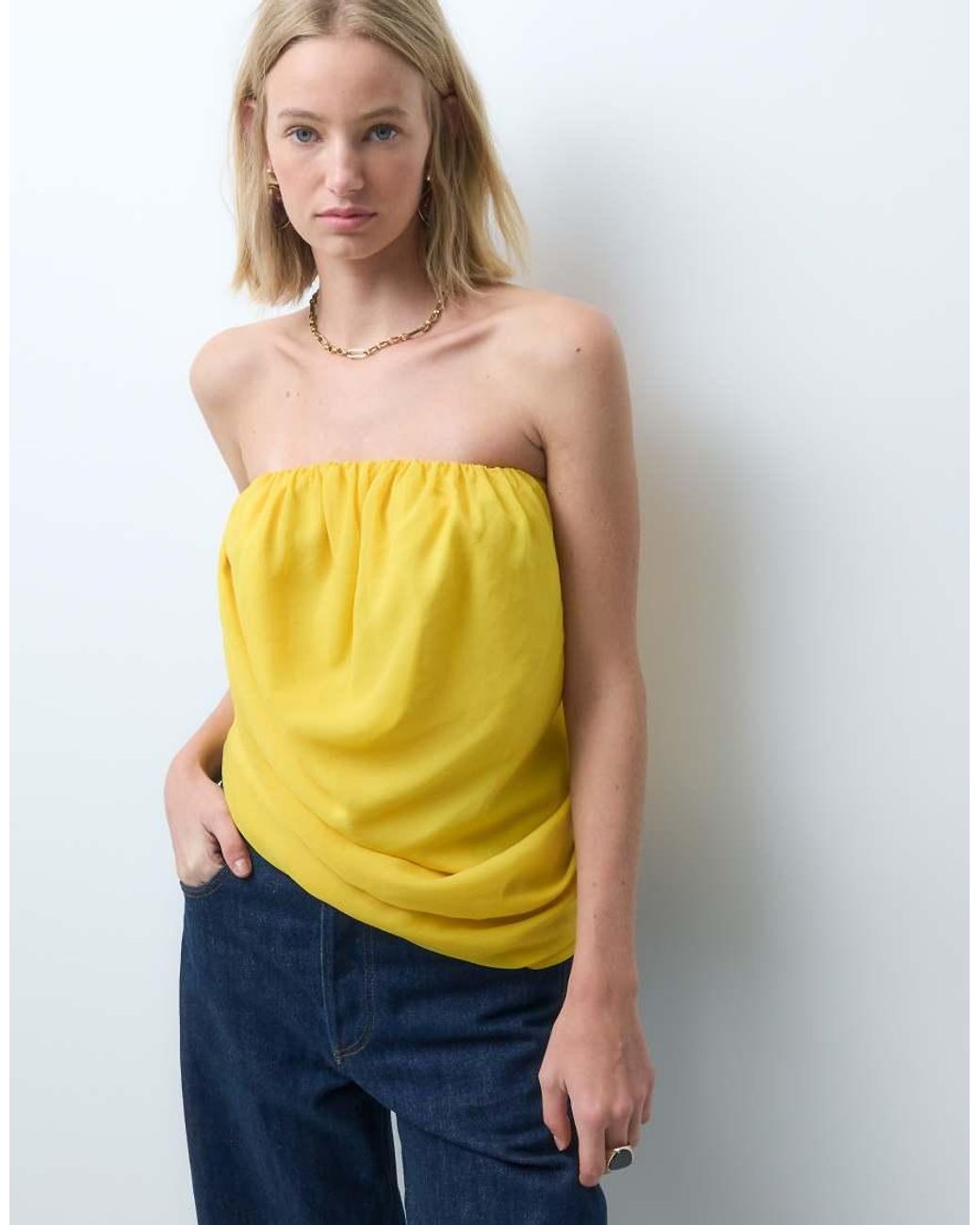 ASOS Yellow Gathered Bubble Hem Asymm Top