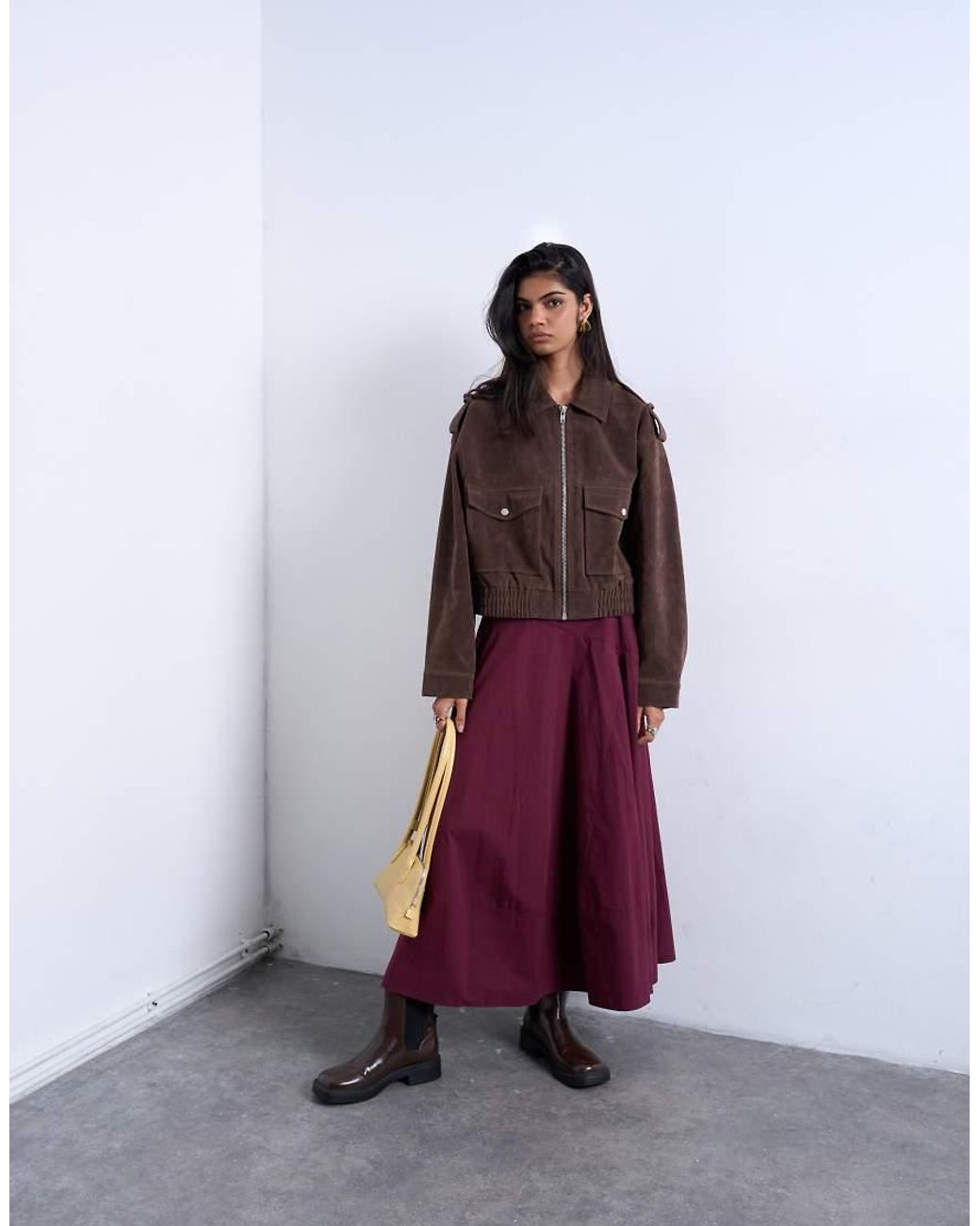 TOPSHOP Red Faux Suede Bomber Jacket With Popper Details