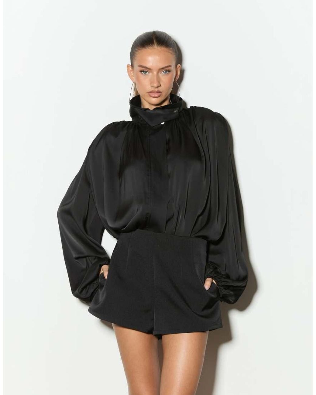 Noughts & Kisses Black Celeste Satin Funnel Neck Drape Detail Top