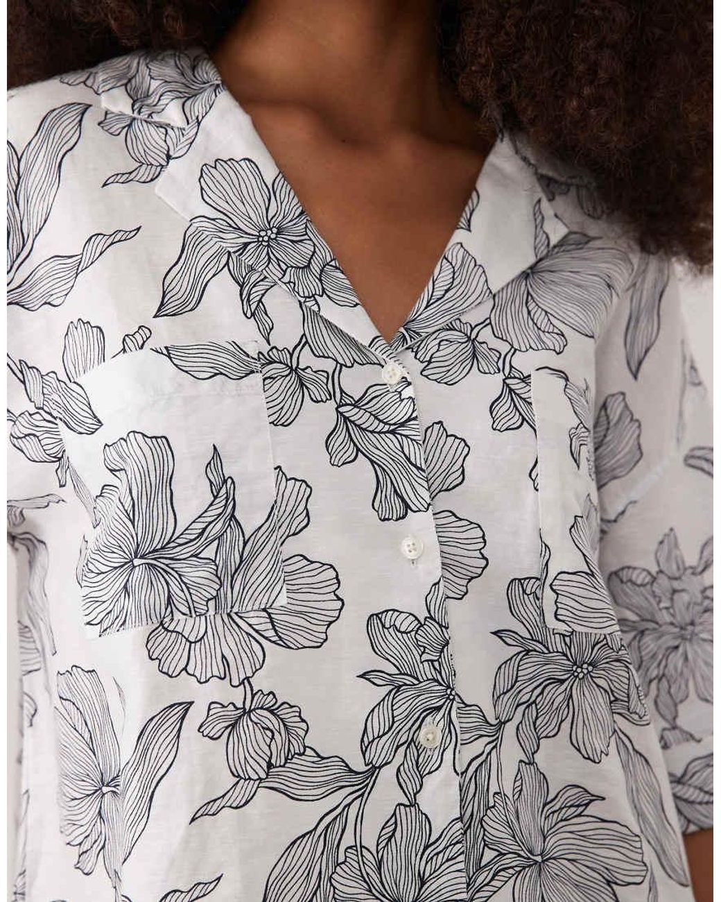 Gant White Linen Mix Floral Print Boxy Fit Shirt