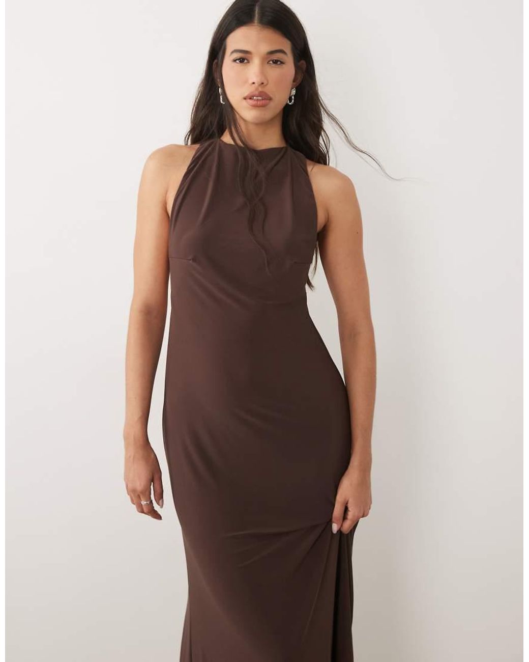 ASOS Brown Sculpting High Neck Maxi Dress With Open Back And Trim Detail