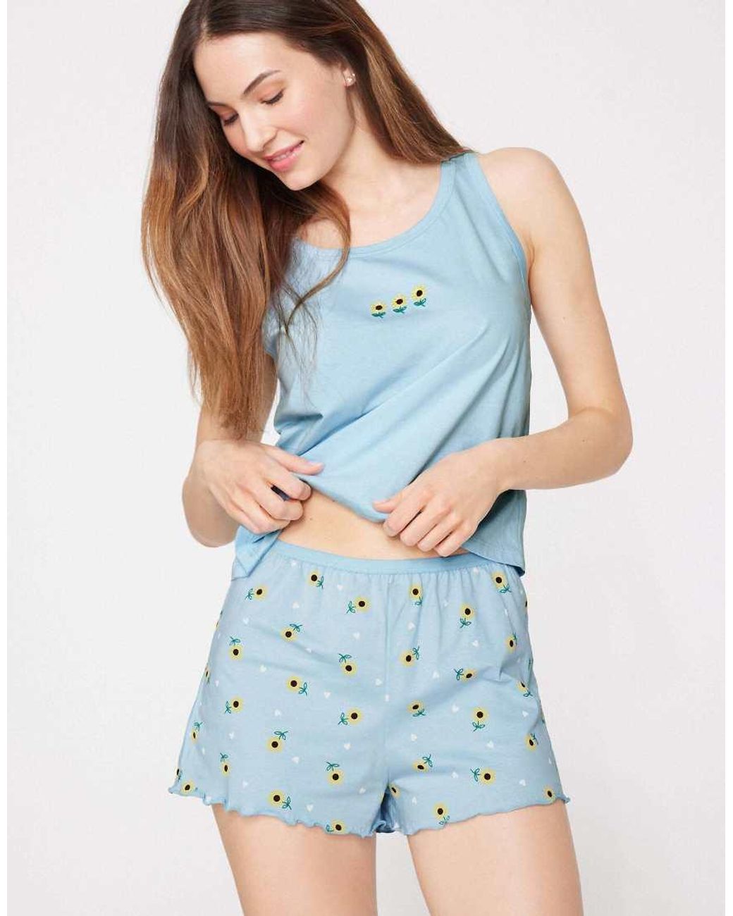 Tezenis Blue Printed Cotton Shorts With Rolled Hem