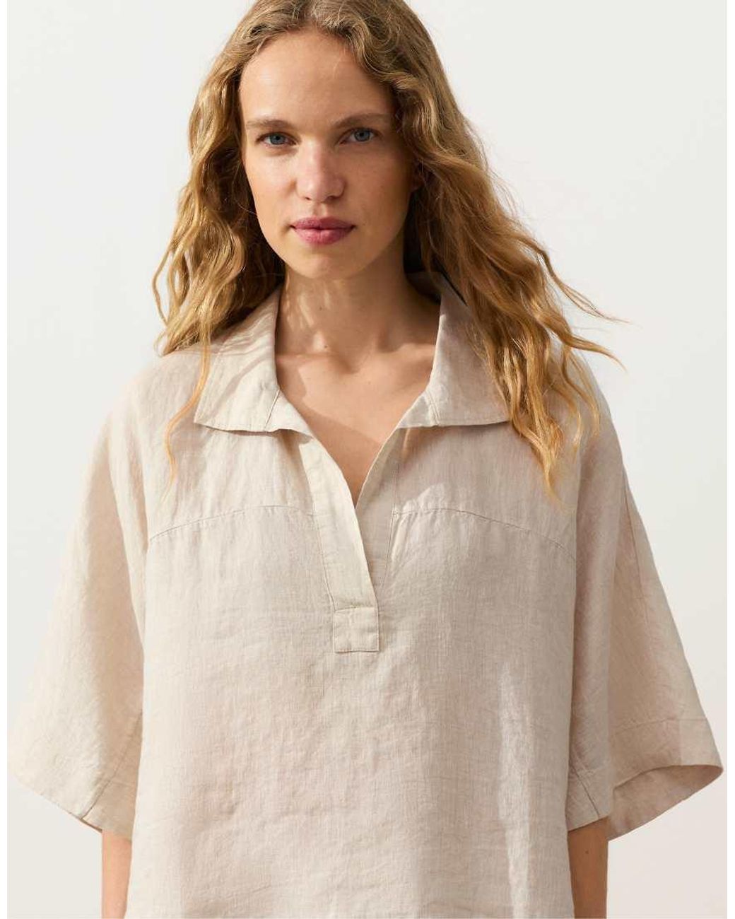 Oysho Natural Oversize 100% Linen Short-sleeved Shirt