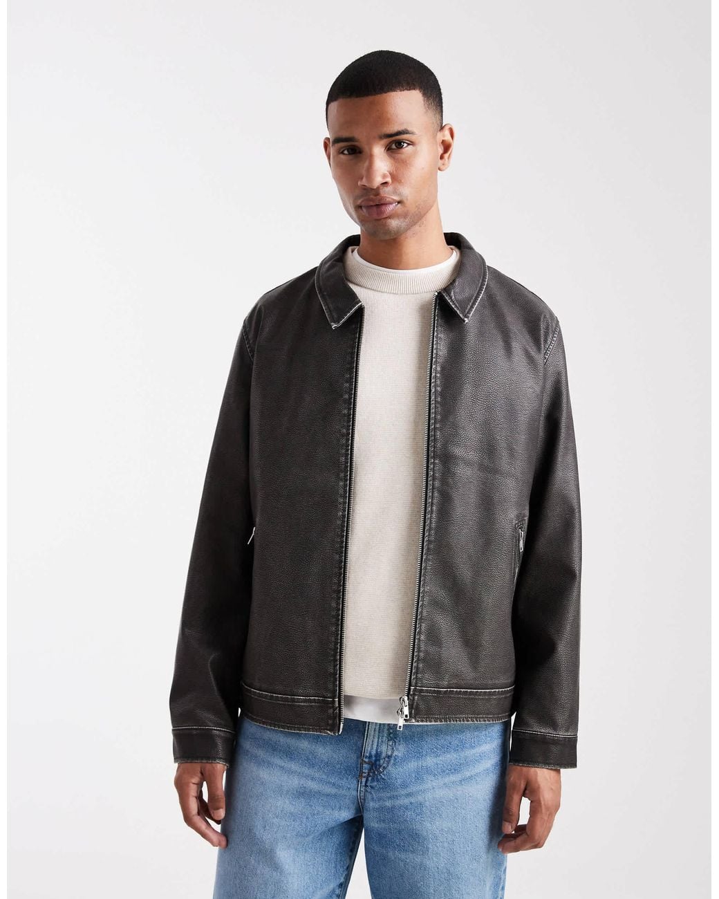 Jack & Jones real leather harrington jacket in black