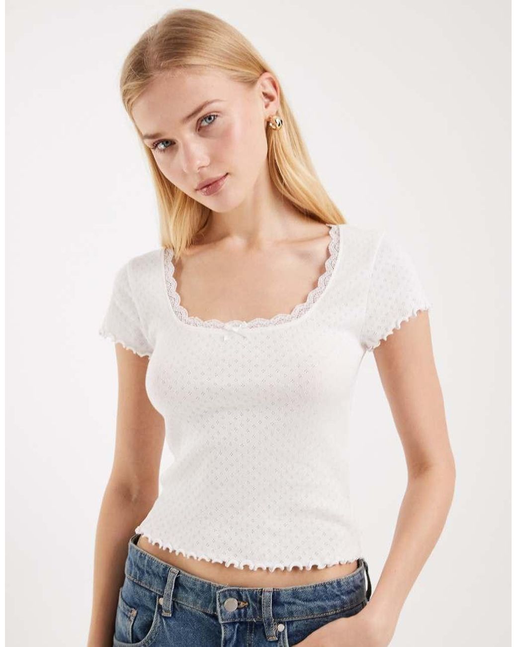 Miss Selfridge White Pointelle Square Neck Lace Trim Tee