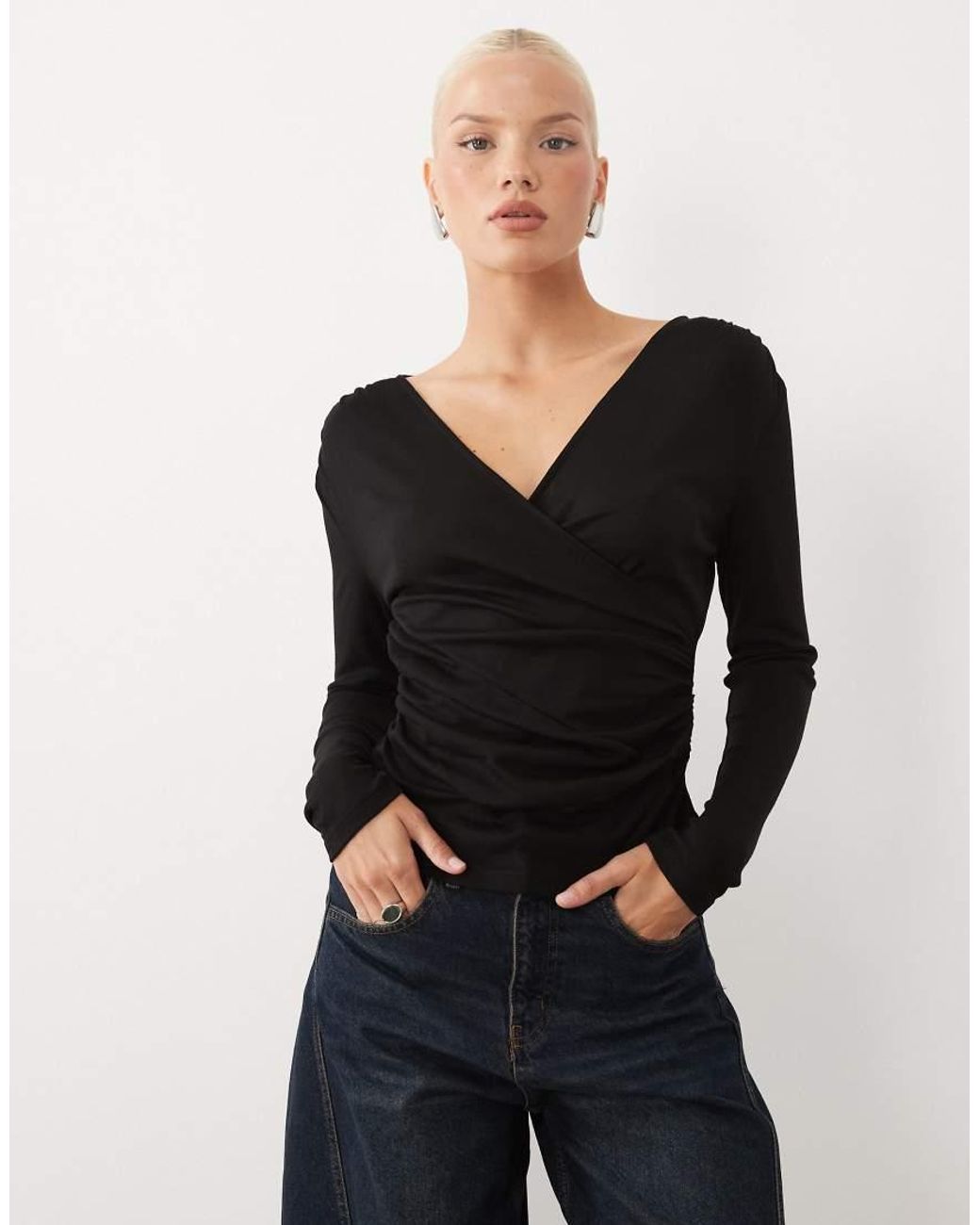 ASOS Black Soft Lightweight Jersey Drape Wrap Long Sleeve Top
