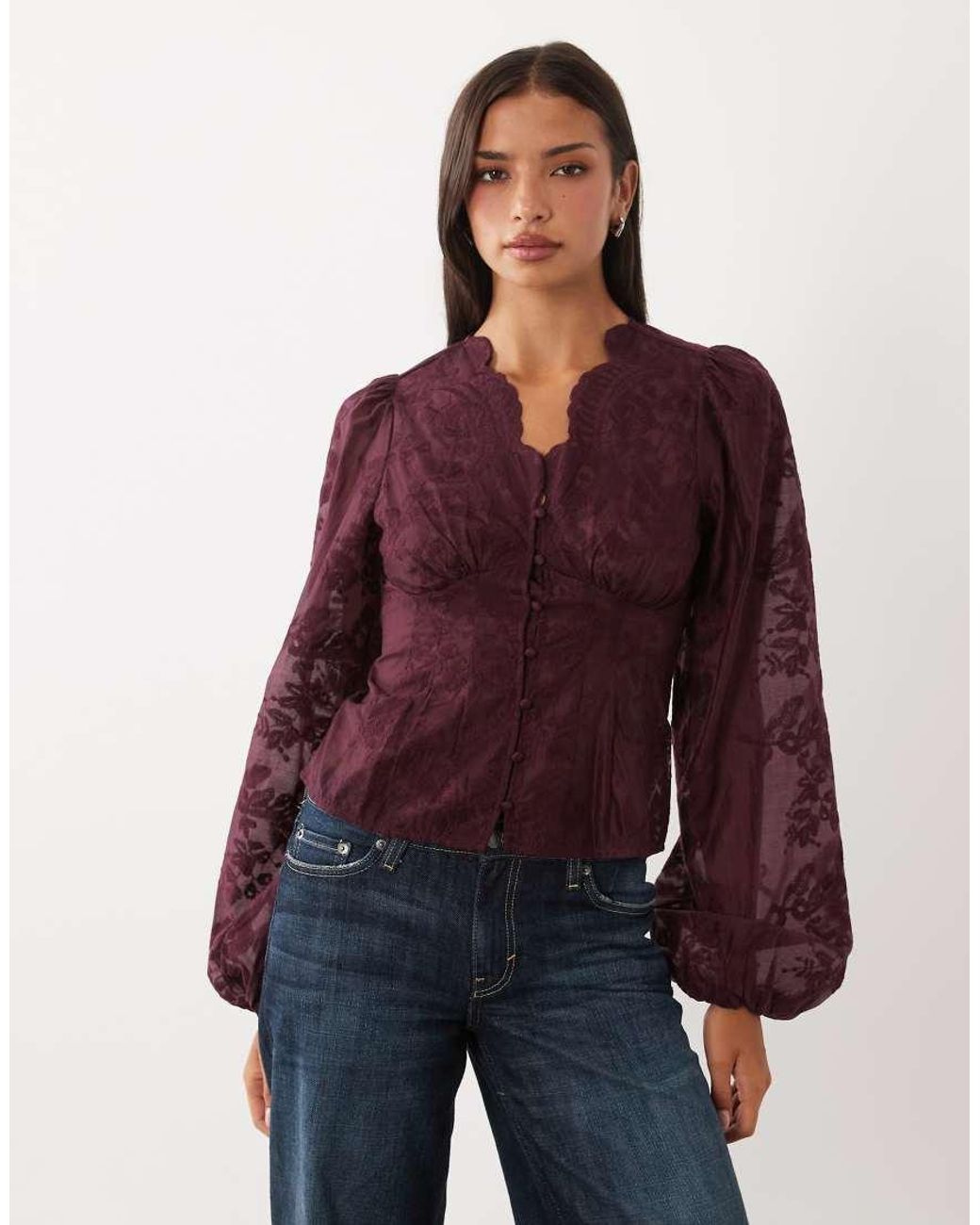 Gina Tricot Purple V Neck Embroide Blouse