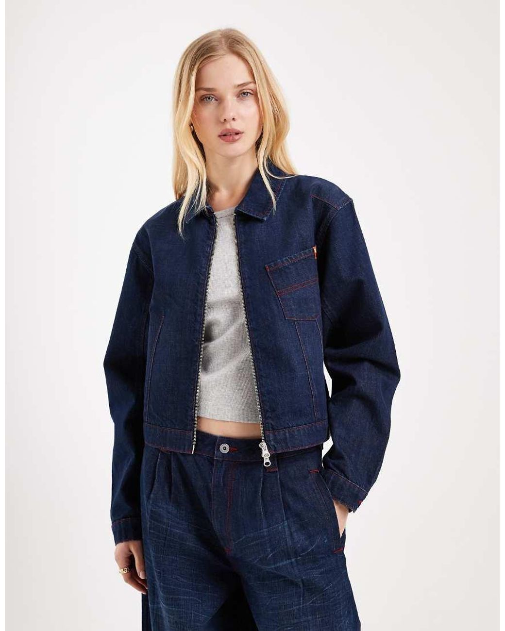 Collusion Blue Circular Design Collection Boxy Crop Denim Jacket Co Ord