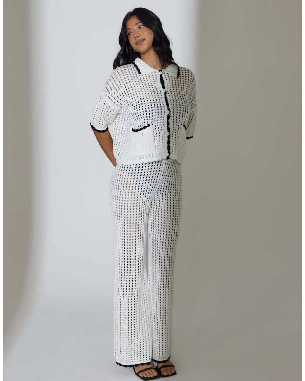 South Beach Gray Crochet Knit Cuff Detail Wide Leg Trousers