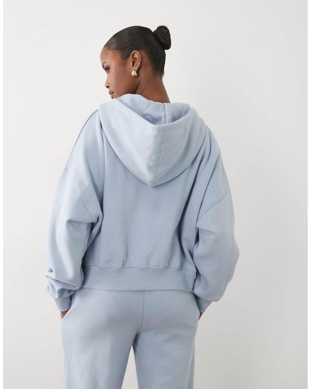 Kaiia Blue Cotton Rich Embroidered Logo Oversized Zip Up Hoodie