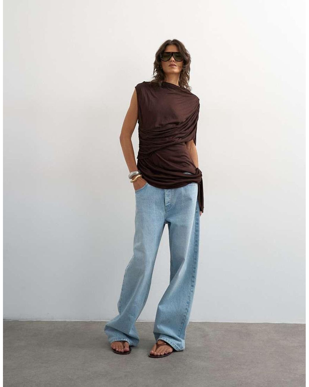 TOPSHOP Brown Draped Wrap High Cap Sleeve Top