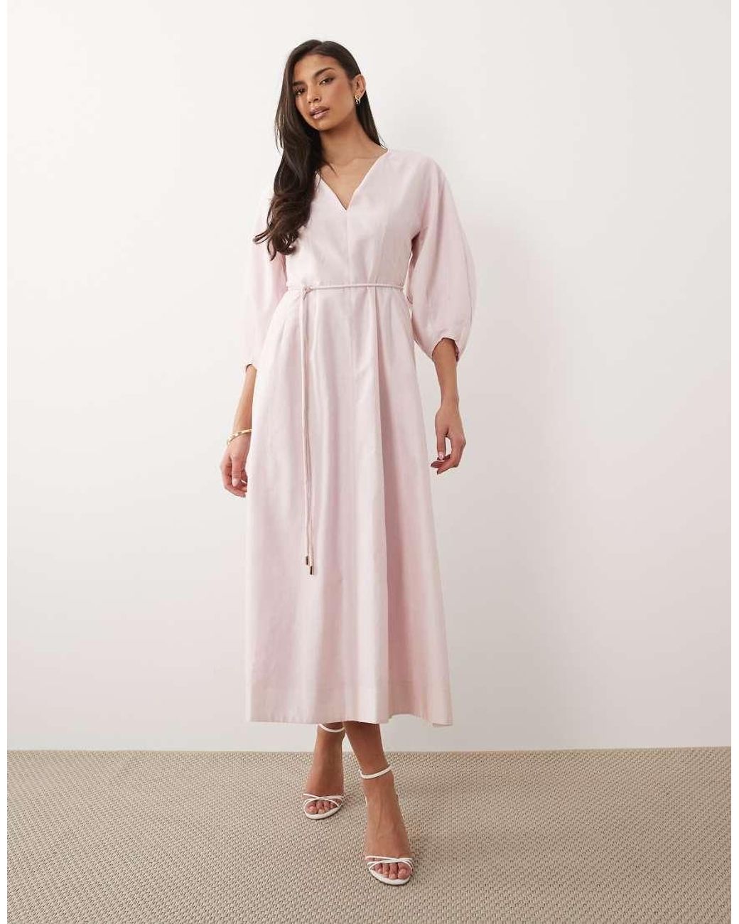 Forever New Pink Linen V Neck Tie Detail Midi Dress