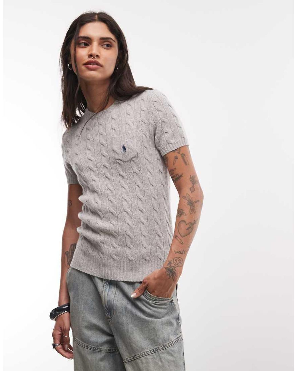 Polo Ralph Lauren Gray Icon Logo Slim Fit Cotton Cable Knit Short Sleeved Jumper