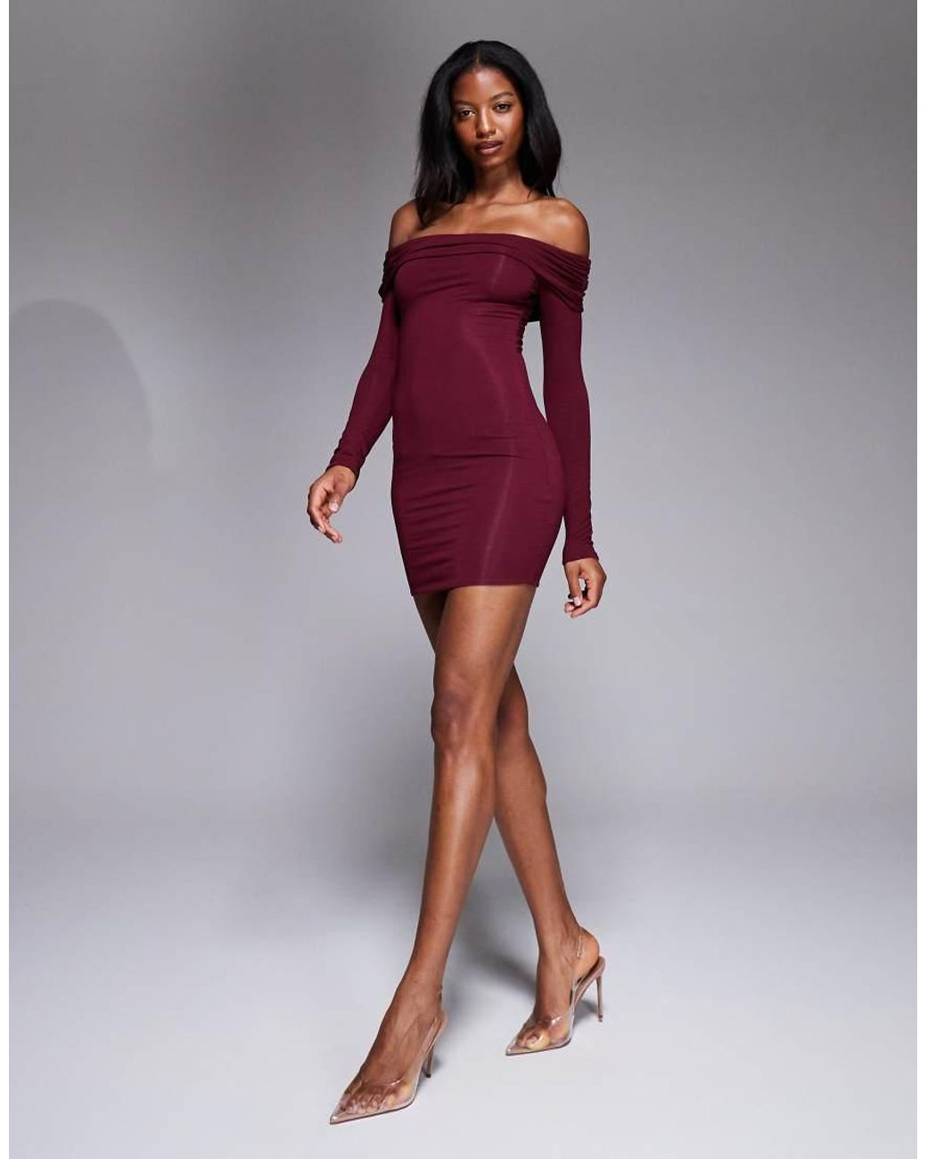 Oh Polly Red Oriana Ruched Foldover Bardot Mini Dress