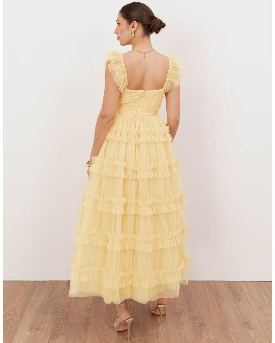 ANAYA Natural Square Neck Flutter Sleeve Frill Midaxi Dress